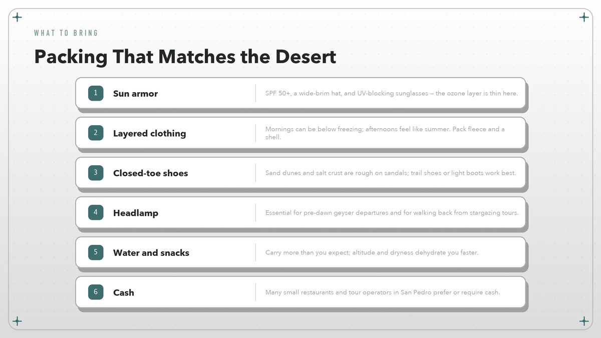 Packing priorities for the Atacama Desert including sun protection and layers