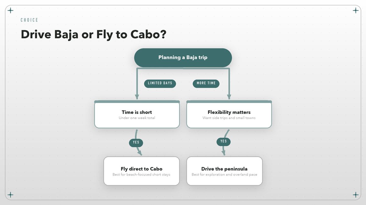 Decision flow: drive Baja or fly direct to Cabo