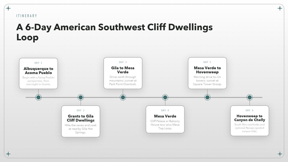 Timeline showing a six-day road trip across the Southwest cliff dwelling region.